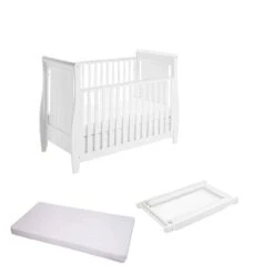 Babymore Stella Dropside Sleigh Cot Bed/Cot Top Changer/Mattress – White