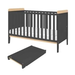 Tutti Bambini Rio Cot Bed, Changer And Mattress – Slate Grey/Oak -Baby Products rio cot bed slate grey oak and cot top changer scaled 1